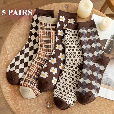 5 Paar Damen Baumwolle Argyle Bequeme Kniestrümpfe Modische Mittellange Socken mit Blumendruck Set