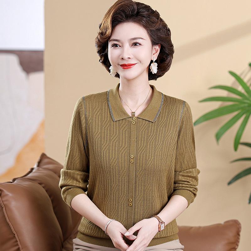 2026 Spring Arrival: Versatile Knit Sweater with Lapel for Middle-Aged and Elderly Women