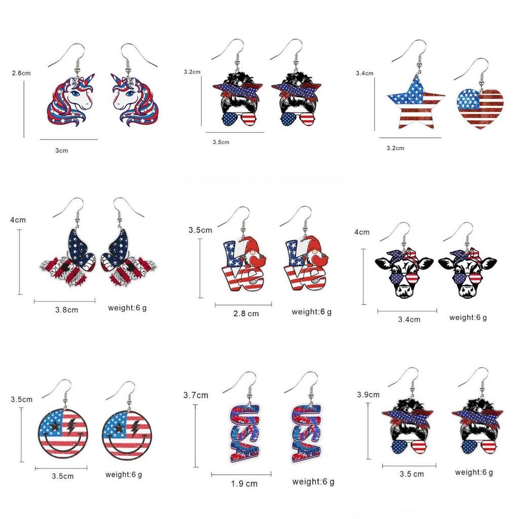 European Handmade USA Independence Day Earrings with Butterfly, Unicorn, Smiley Face, Star, and Woman Head Designs
