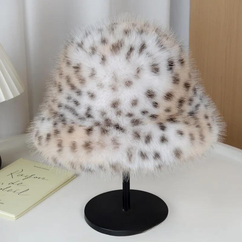 Leopard Print Faux Fur Bucket Hat Women’s Winter Fall Fisherman Hat Thickened Warm with Ear Protection for Big Head Sizes