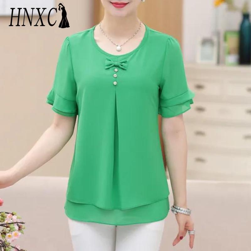 HNXC Blusas y camisas informales de manga corta con cuello en O y estampado de Color sólido a la moda para mujer