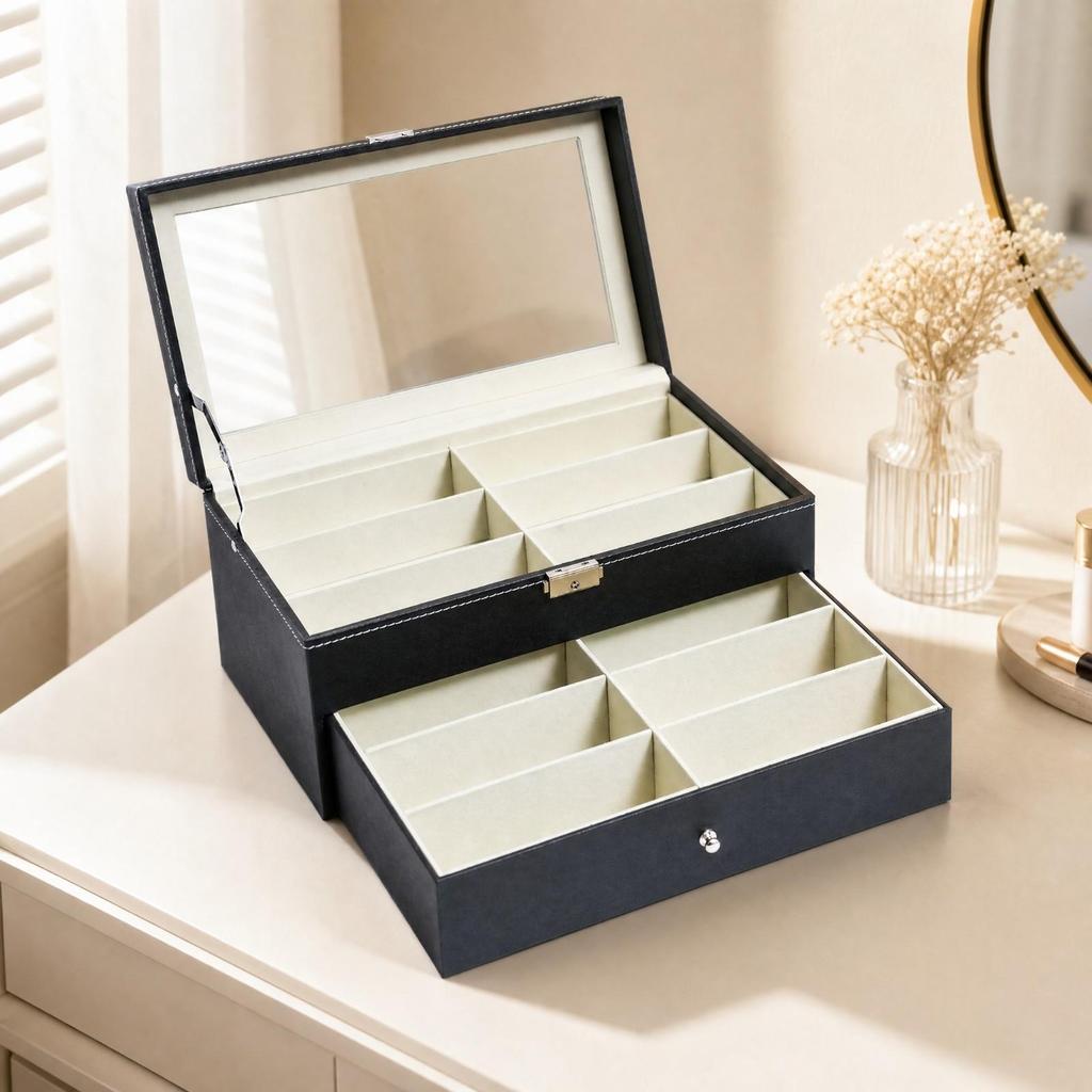 2 Layer Sunglasses and Watch Organizer PU Leather TwoTier Eyewear Storage Box Transparent Top