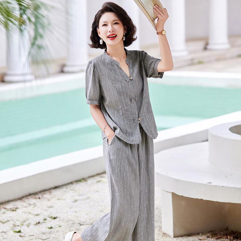 Pastte Sommer-Set im neuen chinesischen Stil für Mütter mit V-Ausschnitt und weiten Hosenbeinen