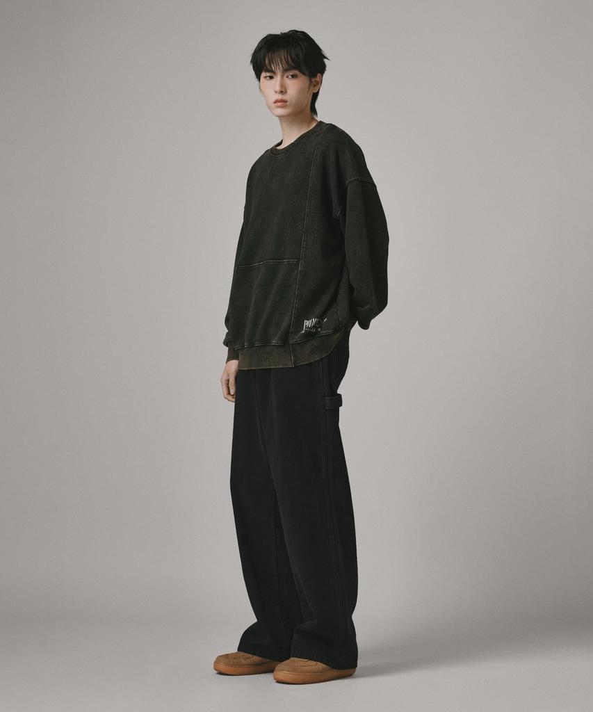 Beodeonteu Garment-Dyed Carpenter Wide Cotton Pants [Black]