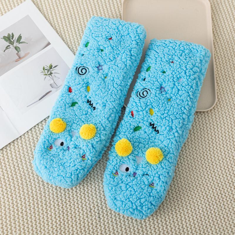 1 Pair Thigh-Long Sock Non-Slip Sherpa Material One Size Lounge Wear Funny Embroidery Design Thick Floor Socks Warmth Multi-Color