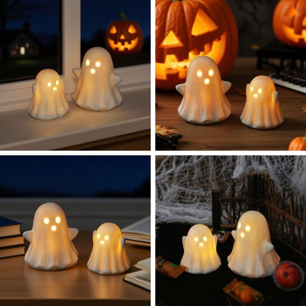 2pcs Ceramic Halloween LED Ghost Ornaments Cartoon Halloween Party Decoration  Bedroom