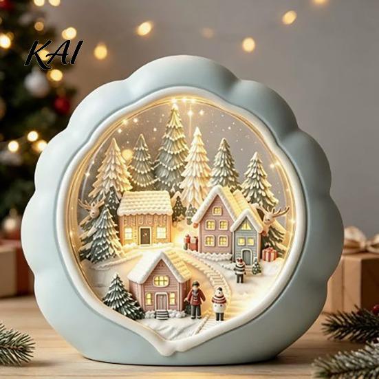 Retro Style Holiday Table Accents Christmas Wooden Tabletop Decor with Warm LED Lights, 2D Printed Snow Village Scene Charming Winter Keepsakes