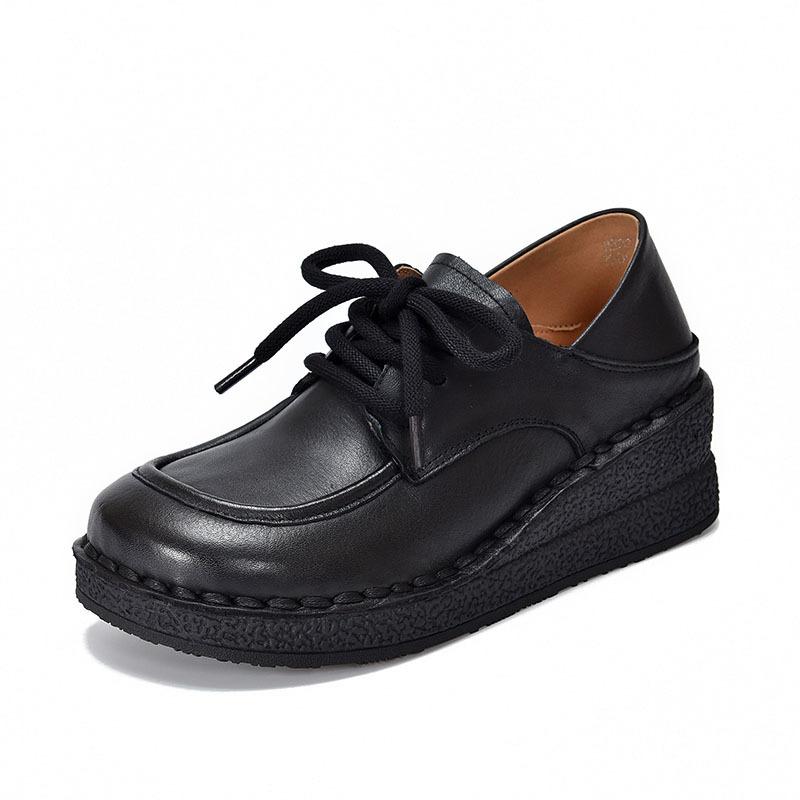 Johnature Genuine Leather Wedges Shoes Versatile Comfortable Soft Soled Lace-up Four Seasons Shoes