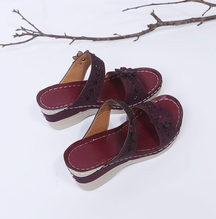 Casual flower large size new high-heeled one-character women's wedge slippers