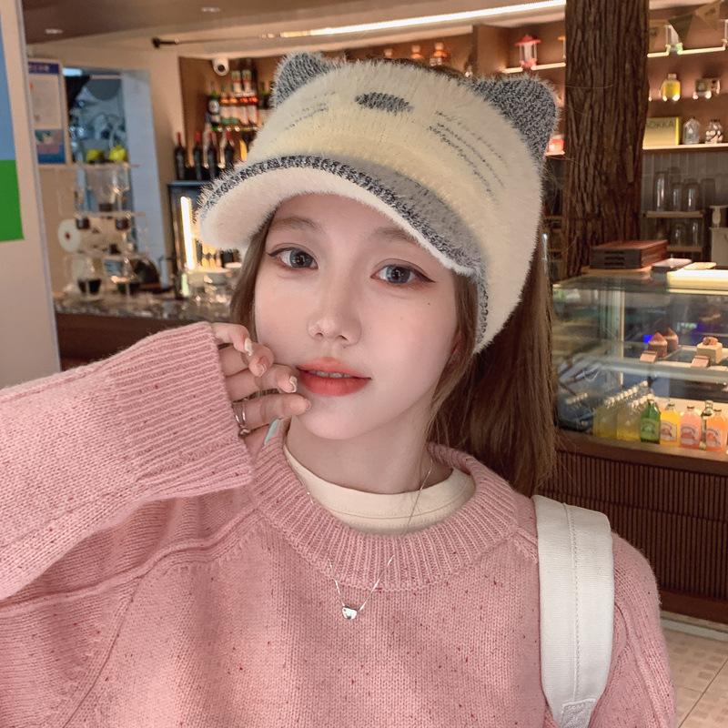Cute Cat Hat for Women In Autumn and Winter Knitted Wool Hat Korean Style Versatile Warm Imitation Mink Hair Empty Top Baseball Cap
