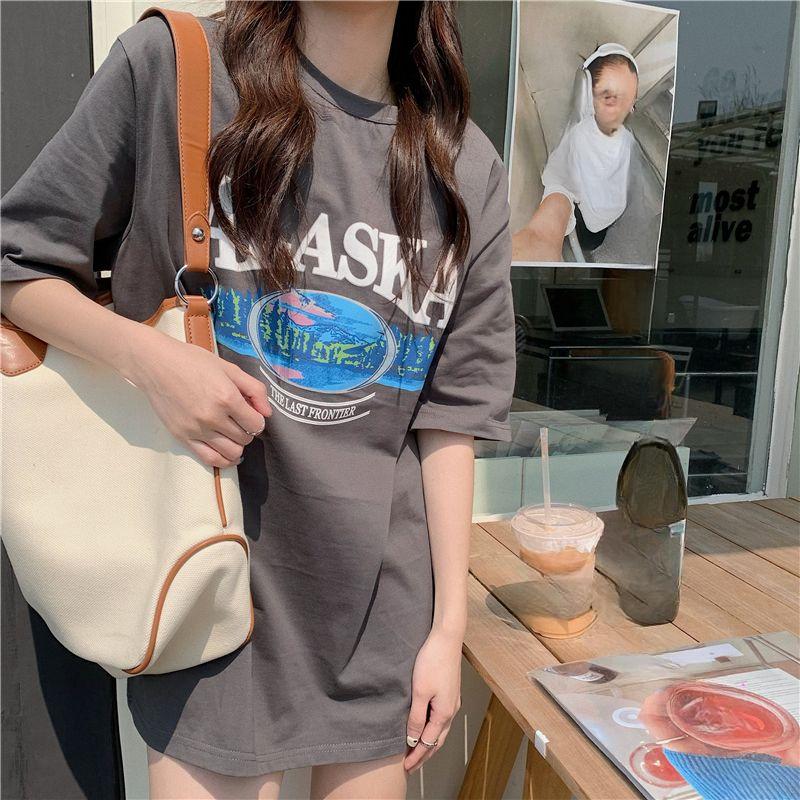 Kurzarm-T-Shirts aus reiner Baumwolle für Damen 2025 Sommer lässiges übergroßes T-Shirt Harajuku Buchstabendruck grau Y2k Tops Hip Hop Streetwear