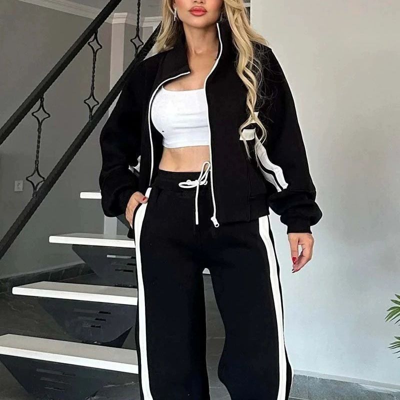 Autumn Winter Two-piece Set Women's Zipper Striped Loose Jacket Outwear and High Waist Side-striped Pants Sports Sets