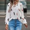 Ladies Fashion New Feather Print Notched Neck  Sleeve Blouse Long Sleeve Tops