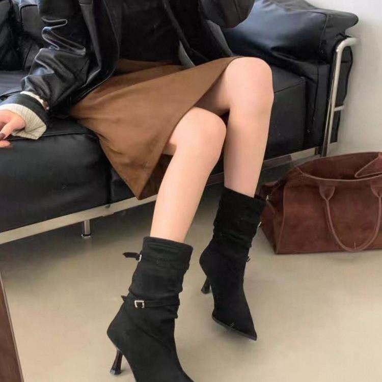 2025 autumn and winter new fashion versatile pointed heel suede French high heel thin short boots women's buckle belt