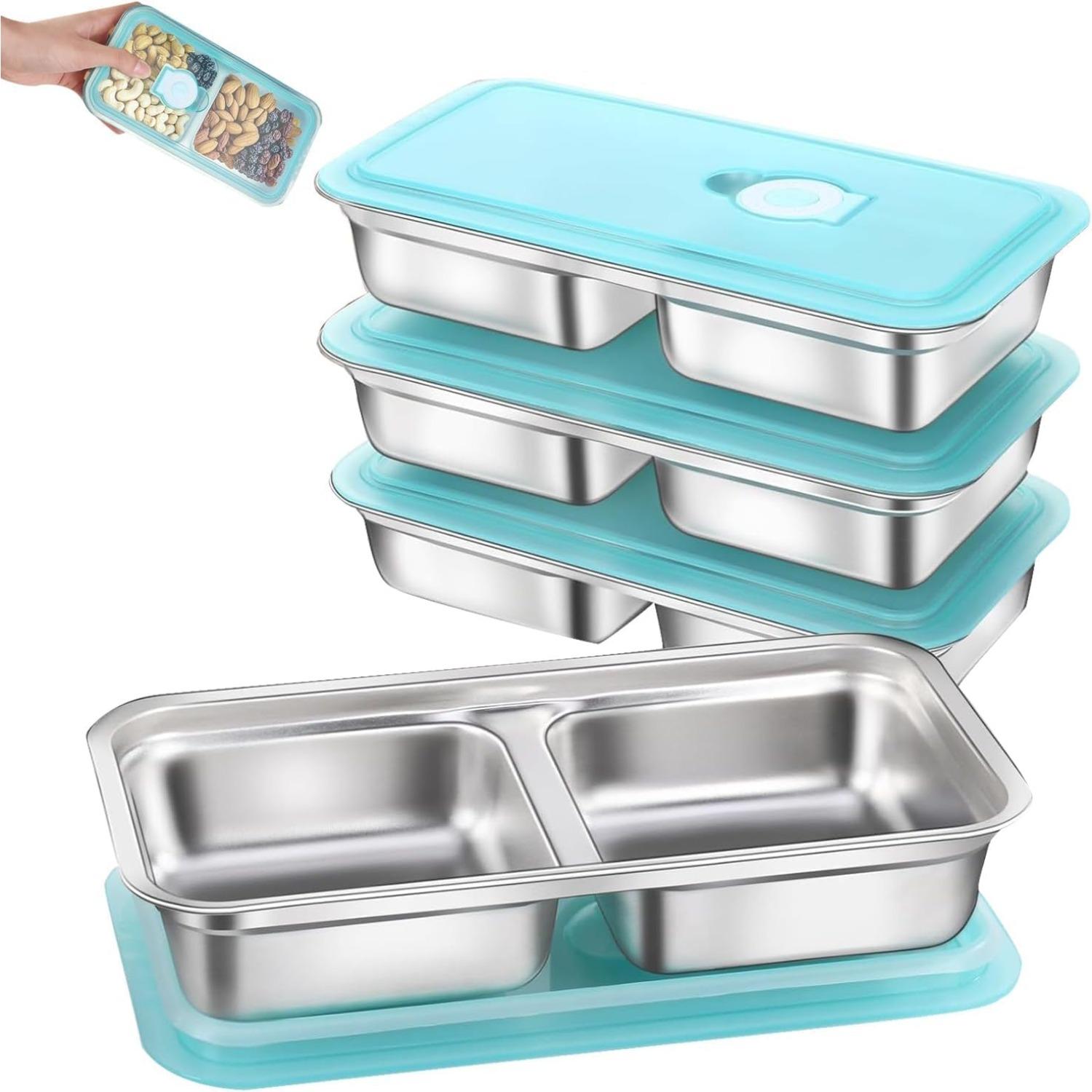 4-Pack Reusable Stainless Steel Snack Containers - Leakproof 2-Compartment Food Storage Boxes, Ideal Christmas Gift for Family, Friends - Travel 4-Pack синий