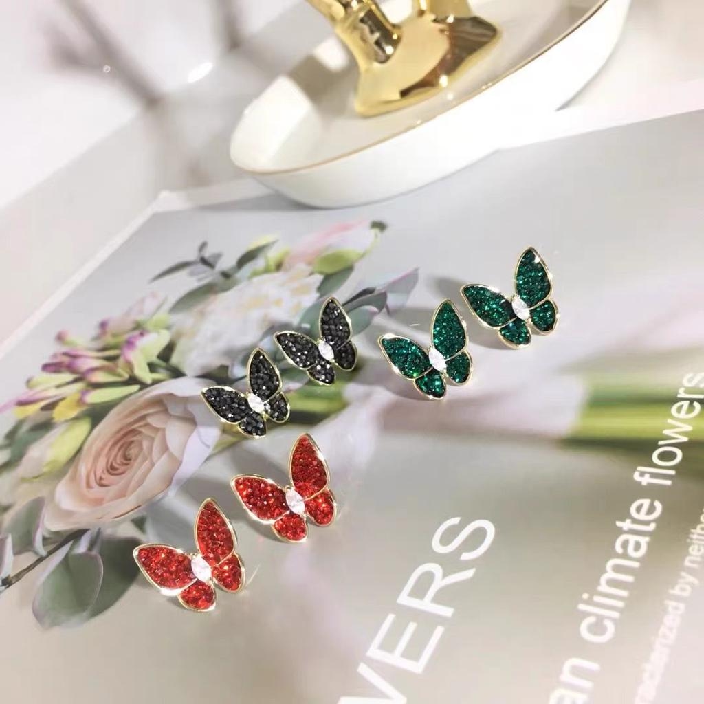 Korean exquisite micro-inlaid zircon stud earrings, full zirconium butterfly earrings, sapphire blue-green earrings, high-end silver needles.