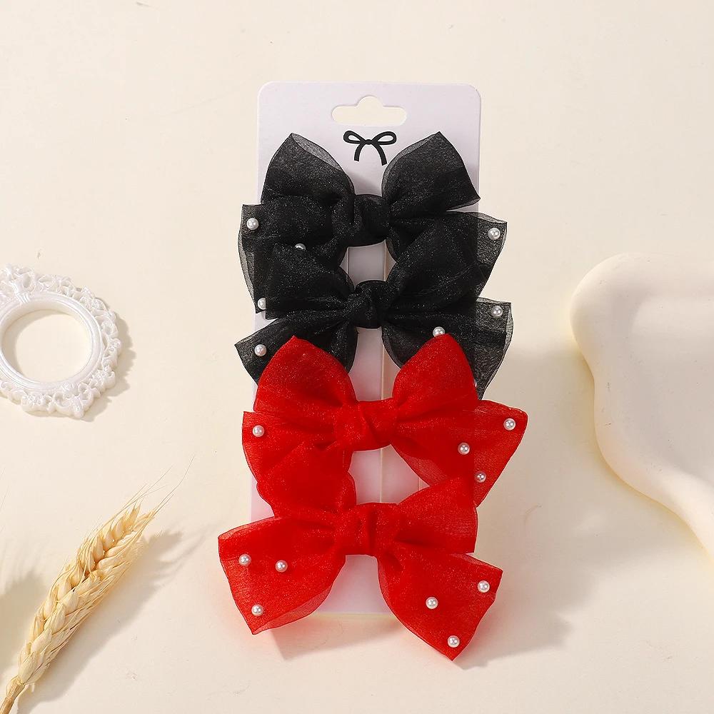 4Pcs/Set Sweet Pearl Bows Hair Clips for Girls Cute Side Clip Solid Color Hairpin Handmade with Bow Hair Accessories Headdress
