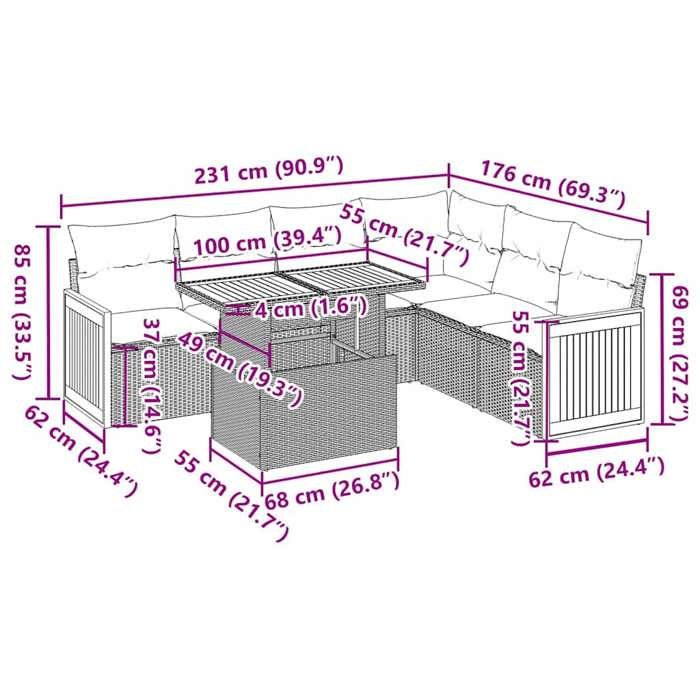 VidaXL Salon de jardin avec coussins 7 pcs noir résine tressée acacia 3327717