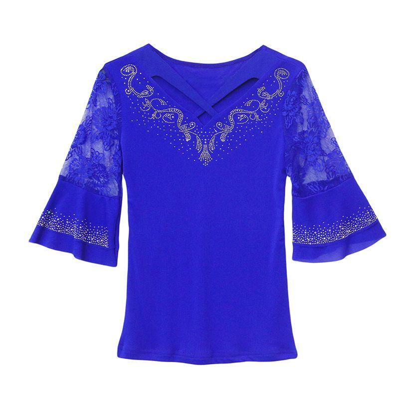 New Summer Sexy V-Neck Hollow Out Hot Diamonds Women's T-Shirt Half Sleeve Fashion Tops Classic Elasticity Mesh Flower Tees