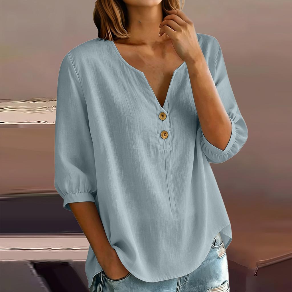 Women's Casual Linen Blend Henley Button Neck Shirt Three Quarter Sleeve Lightweight Loose Fit Top for Everyday Wear