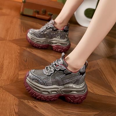 Chaussures de papa à semelles épaisses avec rehausse intérieure pour femmes 2025 automne nouvelles chaussures de sport et de loisirs petites chaussures polyvalentes à strass pour femmes