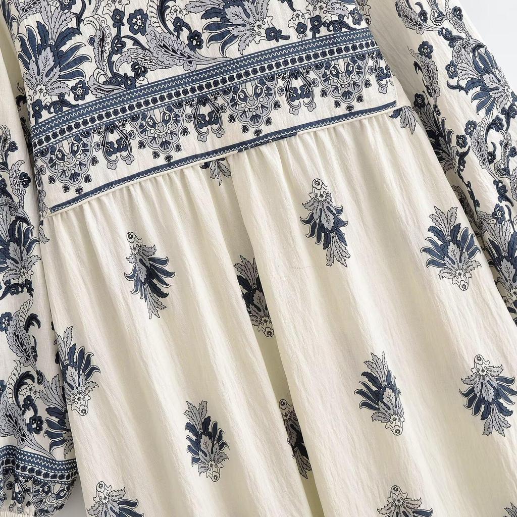 2026 Spring European & American Style Women's Bohemian Tassel Print Loose Dress