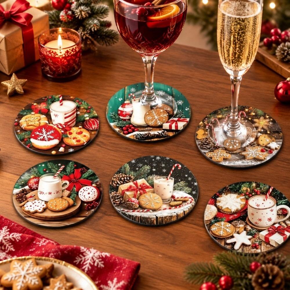 6pcs Wooden Santa Claus Coaster Snowman Coffee Cup Mat Christmas Drink Coaster  Seasonal Decor