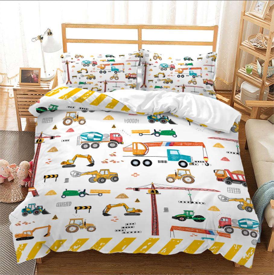 Construction Vehicle Excavator 3D Digital Printing Bed Three-Piece Quilt Kit