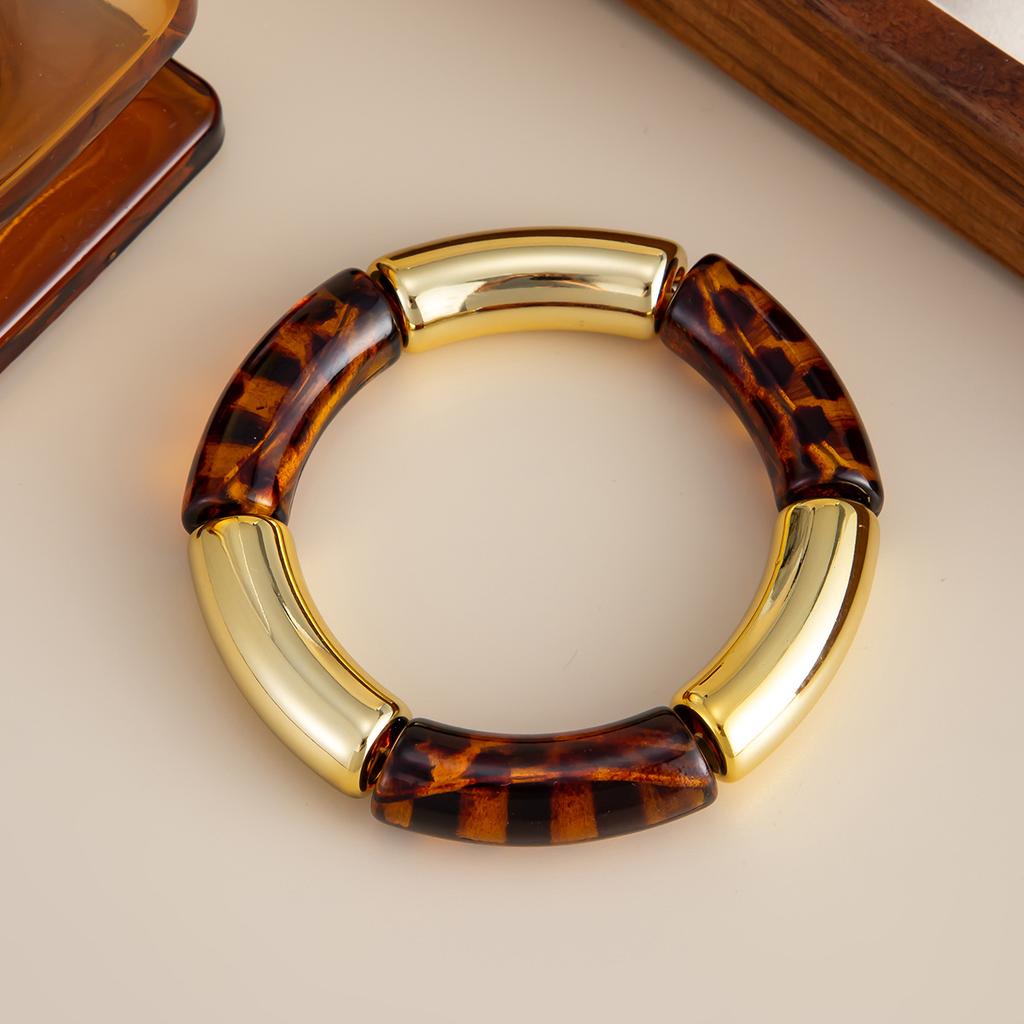 CCB Vintage Resin Round Tube Leopard print Elastic Bracelet for Women Bohemian Stackable Acrylic Bracelet Bangle Party