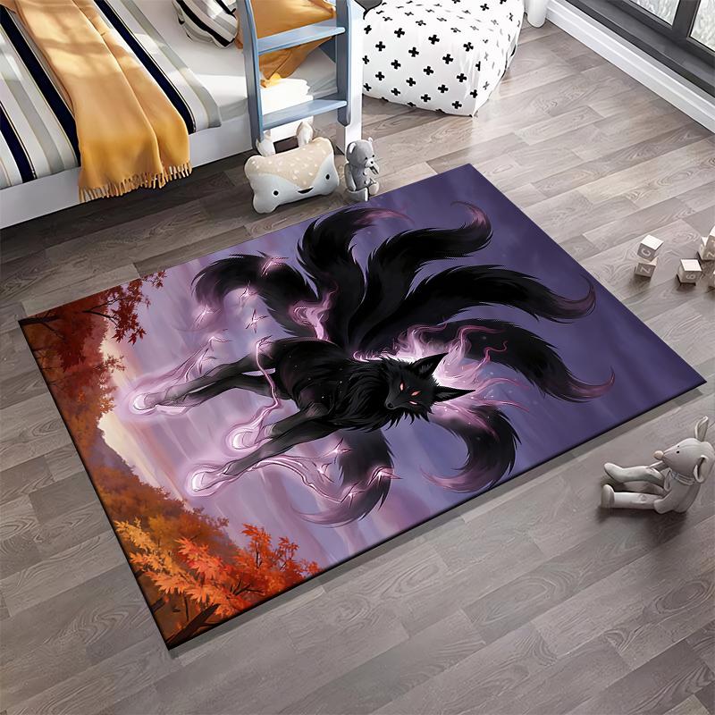 "Black Nine-Tailed Fox Carpet with Mystical Aura and Colorful Sunset" Suitable for Use As an Anti-slip for Living Room Bedroom Sofas