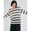 Women's Summer Striped Linen Knitwear: Openwork Long Sleeve Loose T-shirt Cardigan