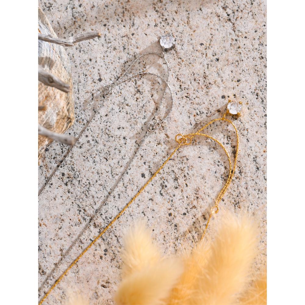 Yhpup Chic Stainless Steel Double-Layer Chain Zirconia Exquisite Pendant Necklace Temperament Fashion Daily Jewelry Waterproof