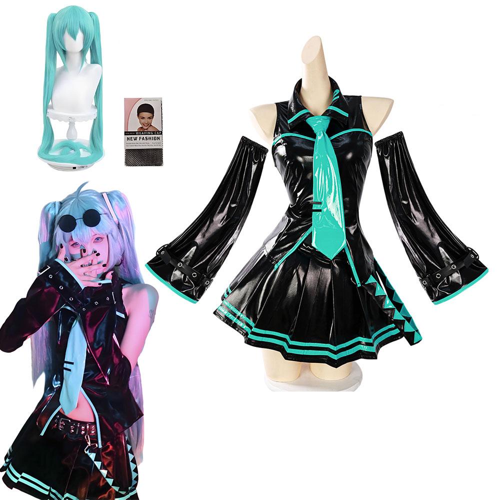 

Anime Miku Cosplay Full Set Costume 16th Edition Leather Midi Dress Sexy JK Uniform for Halloween Carnival Party XS&Hatsune Miku