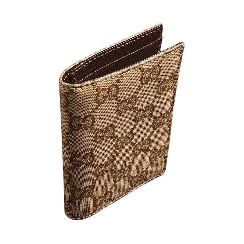 Gucci Brand jacquard bi-fold design GG coated canvas card holder men's sand color with dark brown