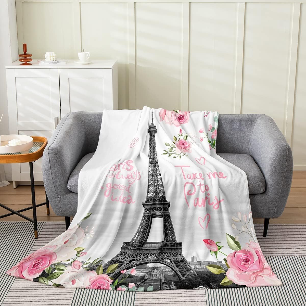 

Glitter Print Eiffel Tower Plush Throw Blanket Teal Blue All Season Bed Blanket Paris Flannel Fleece Throw x Inches 100x150cm