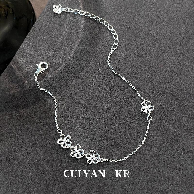 Cui Yan S925 Sterling Silver Korean Style Hollow Flower Bracelet for Women - Sweet Summer Plain Silver Design. S925 Silver