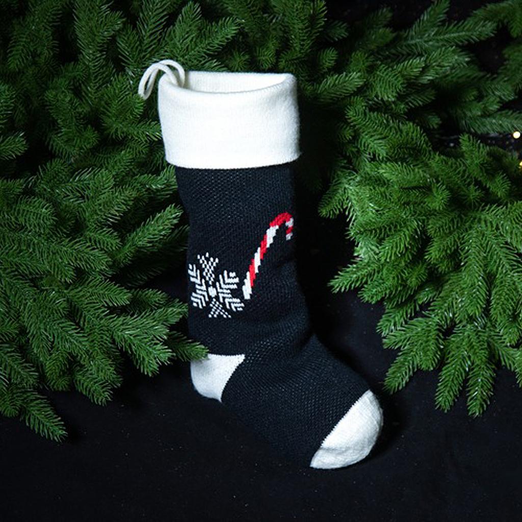 Black Candy Cane Snowflake Knitted Plush Decorative Stocking Yarn Christmas Stocking Pendant