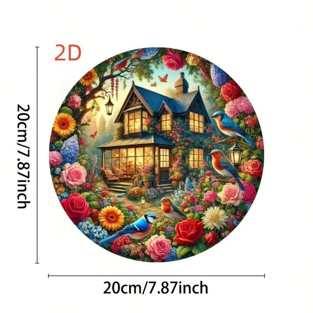 Folk Art Style House Wreath Metal Tin Sign Wall Decor Indoor Outdoor Porch 20x20 разноцветный
