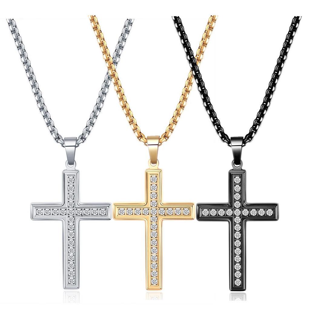 European & American Style 26MM Rhinestone Cross Necklace: Simple Versatile Stainless Steel Pendant for Women