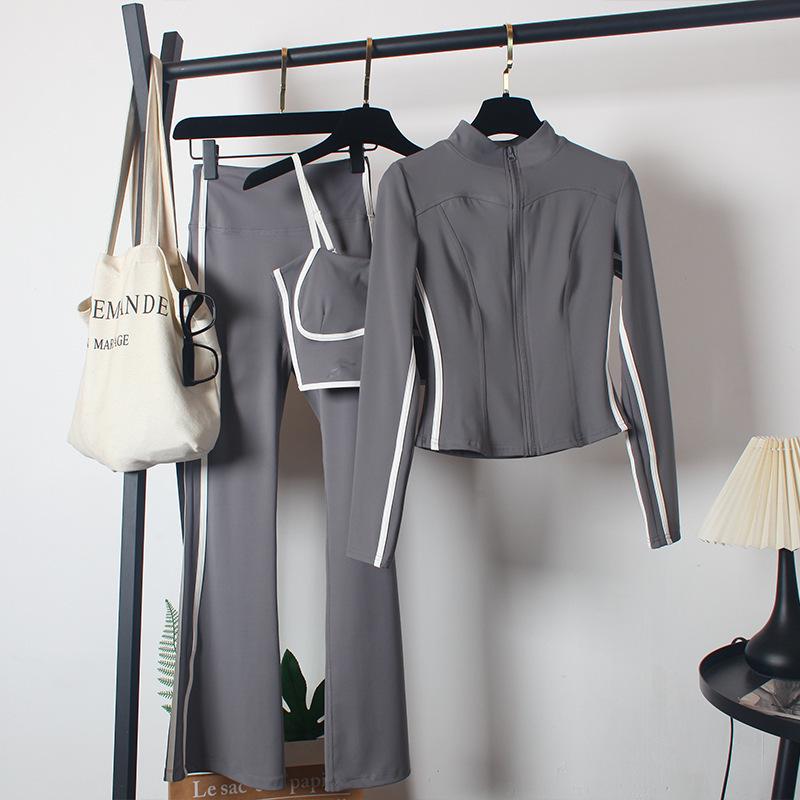 Damen Yoga Sportbekleidungsset: Hochtaillierte Schlaghosen, Schlankmachend, Tanz, Laufen, Reißverschluss, Dreiteilig für Herbst/Winter.