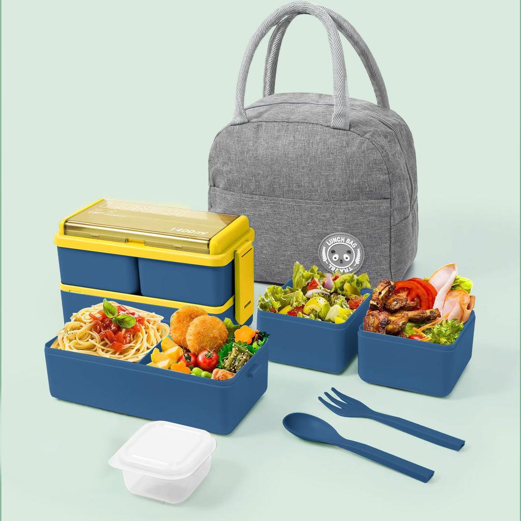 Food-grade microwaveable lunch box, double-layer bento box, compartmented lunch box with cutlery and small sauce container