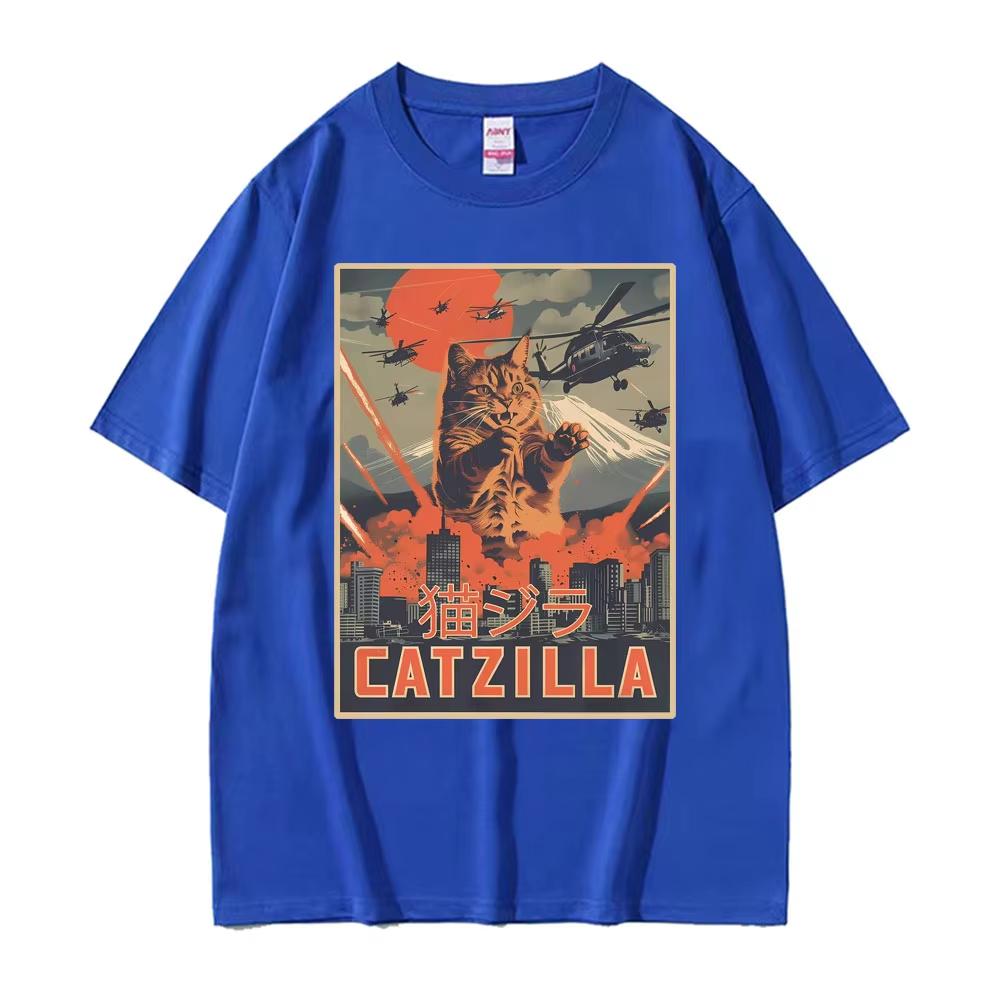 Lustiges Katzen-Meme Herrenhemd Y2k Japanische Catzilla Filmplakat Grafiken Oversized Damen Rundhals Kurzarm T-Shirt