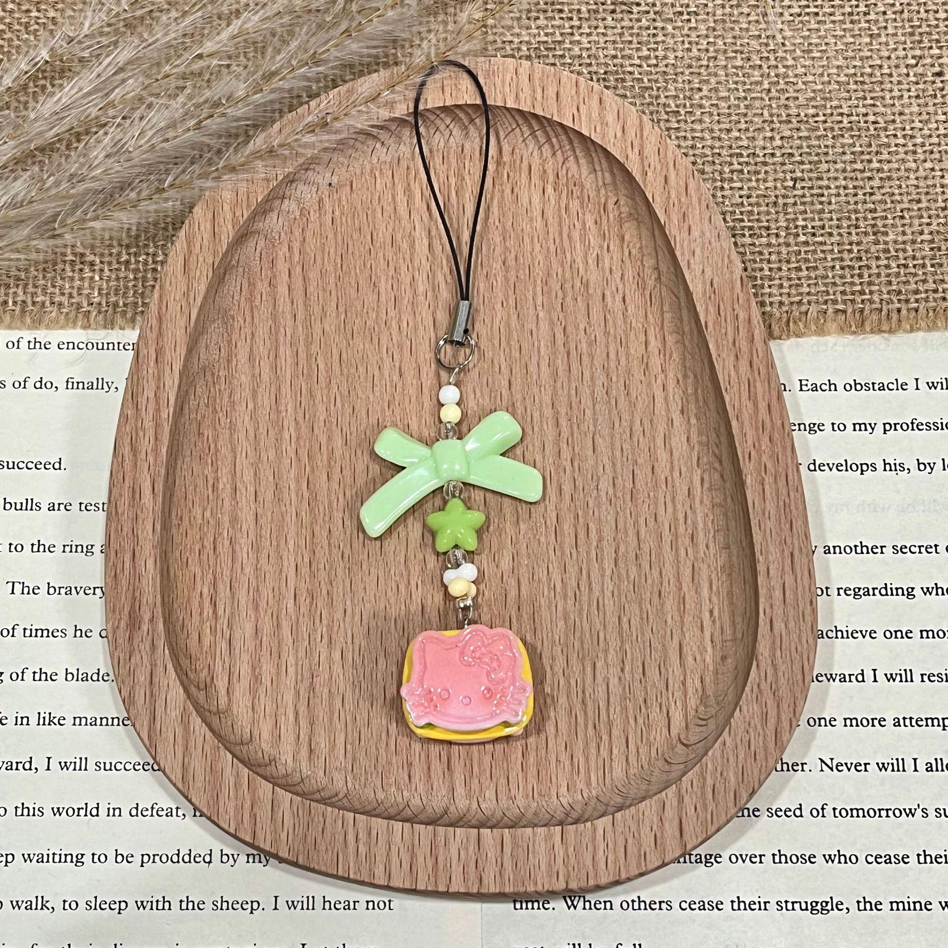 Green Bow & Star Resin Cat Phone Charm - Cute Keychain Ornament
