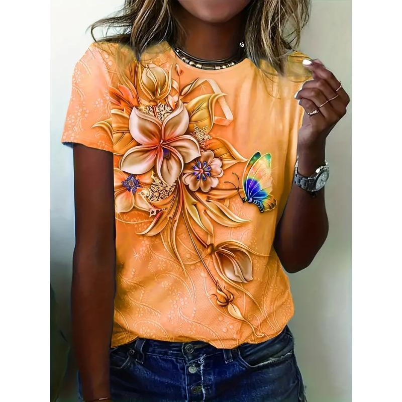 Summer Round Neck Solid Color Short Sleeved Top 3D Flower Pattern Printed Women's T-shirts