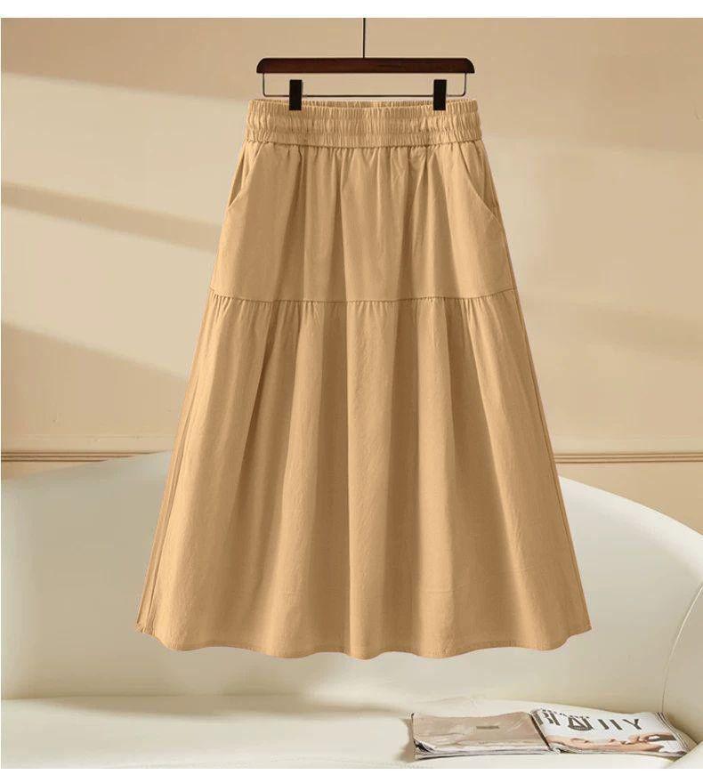 Women's A-Line Elastic Waist Skirt - Three-Quarter Length, Solid Color, Spring/Summer/Autumn Styles Available