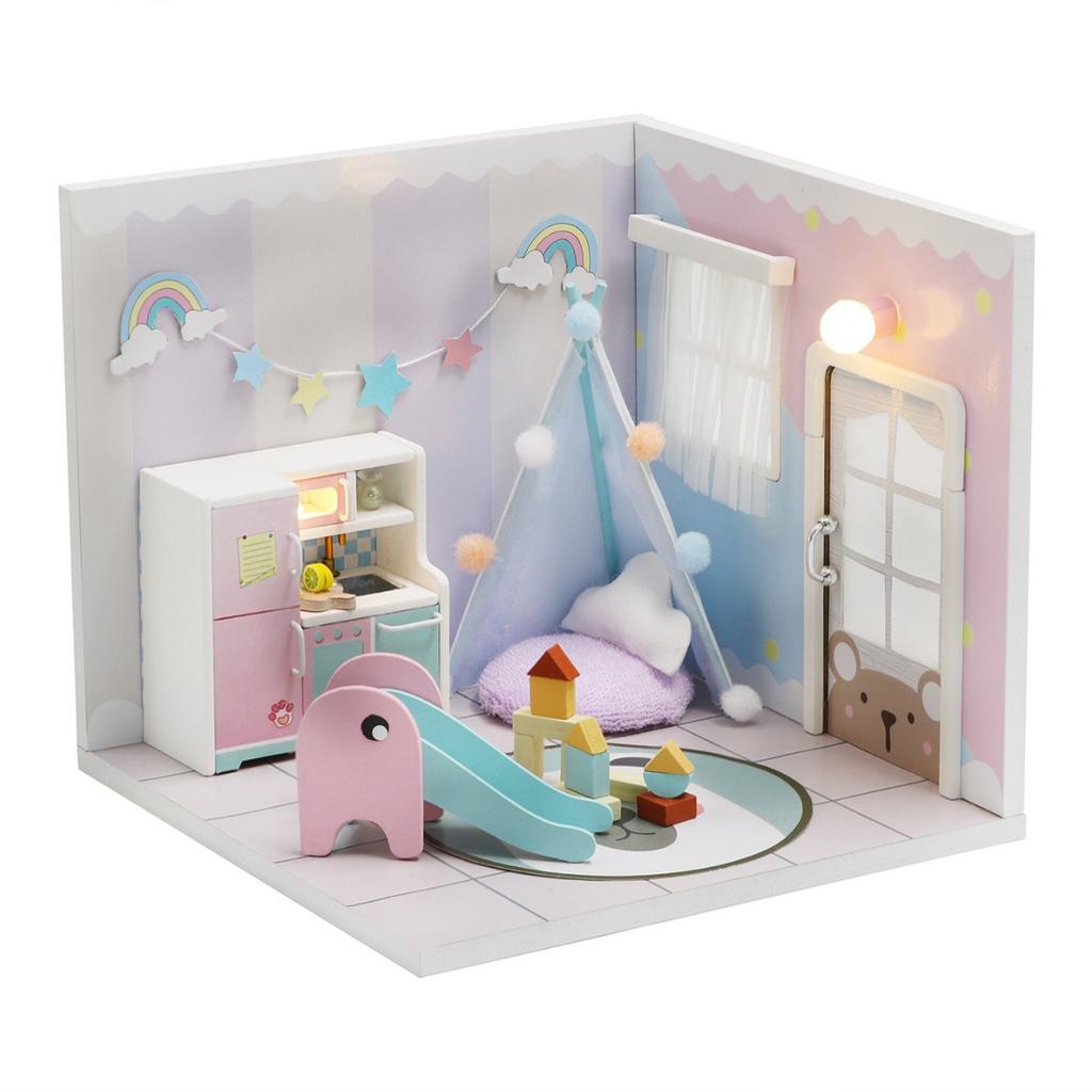 Playhouse Miniature House Set Wooden DIY Craft Model for Toy Furniture Toys Set Ages 14+ Parent-Child Assembly Room Scene