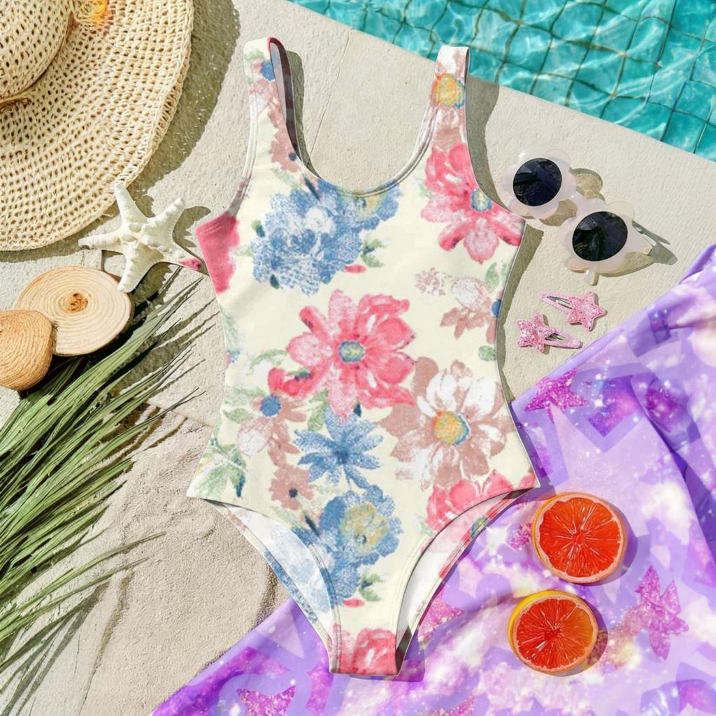 Girls Floral Print One Piece Swimsuit Summer Casual Kids Swimwear Lightweight Comfortable Fabric Suitable for Beach Pool Water Activities