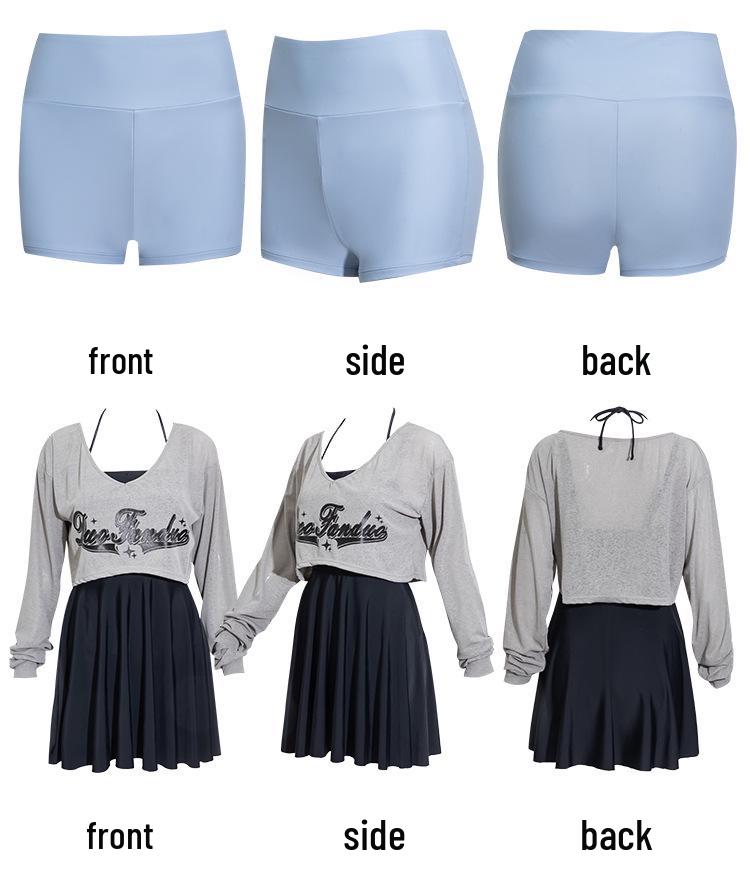 

Спортивный раздельный купальник в корейском стиле с юбкой, длинными рукавами для защиты от солнца и контролем живота для пляжа и горячих источников L чёрный