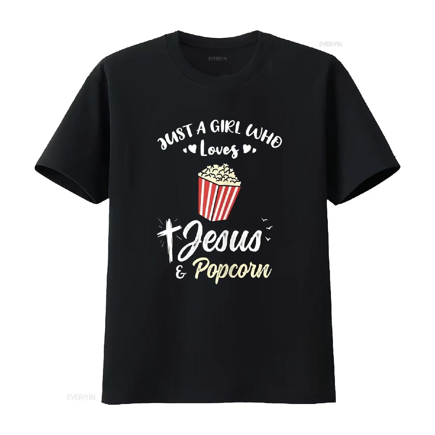 

Just A Girl Who Loves Jesus And Popcorn T Shirt vintage Washed Soft Top For Everyday Wear graphic Stylish Breathable XXXXXL чорний