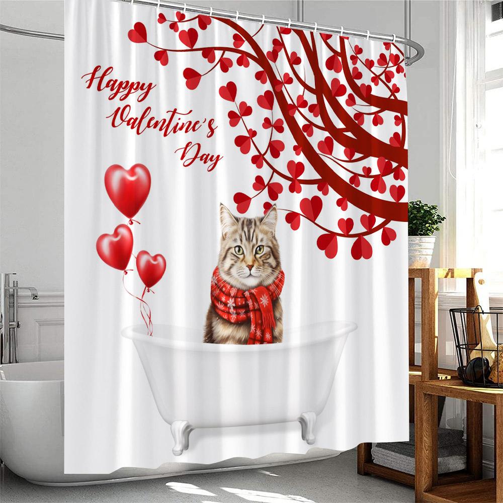 Valentine's Day Shower Curtains Cute Animals Highland Cattle Pig Flamingo Elf Heart Red Rose Bath Curtain Fabric Bathroom Decor